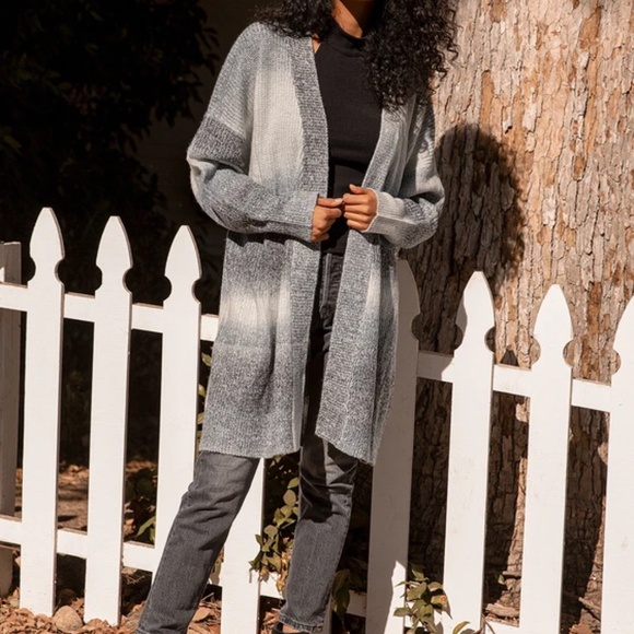 Lulus Wave Of Cozy Charcoal Ombre Knit Cardigan Sweater Grey - Size M - Picture 3 of 7